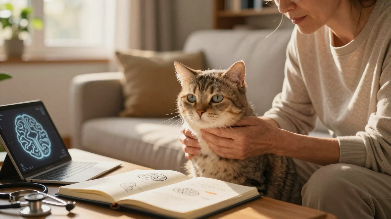 Pessoa a segurar um gato perto de livro e computador com imagem cerebral, numa sala iluminada.