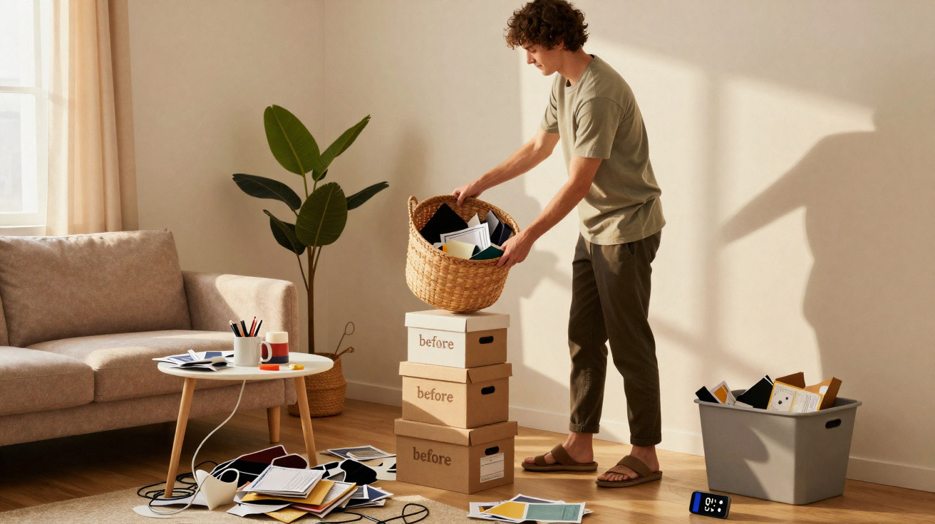 Homem a organizar documentos numa sala com sofá, mesa e plantas, num ambiente claro e arrumado.