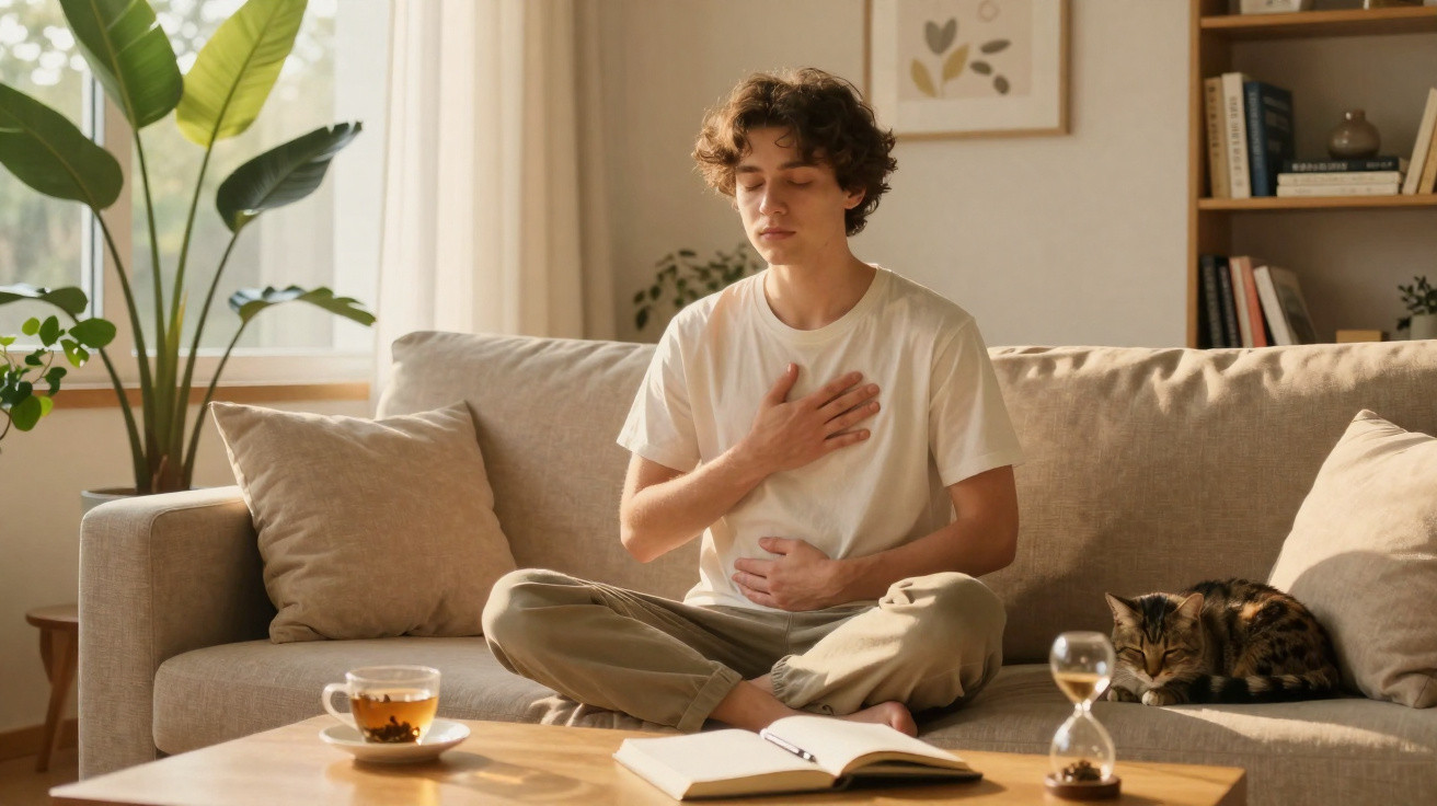 Jovem sentado no sofá a meditar com olhos fechados, mão no peito e no abdómen, gato ao lado.