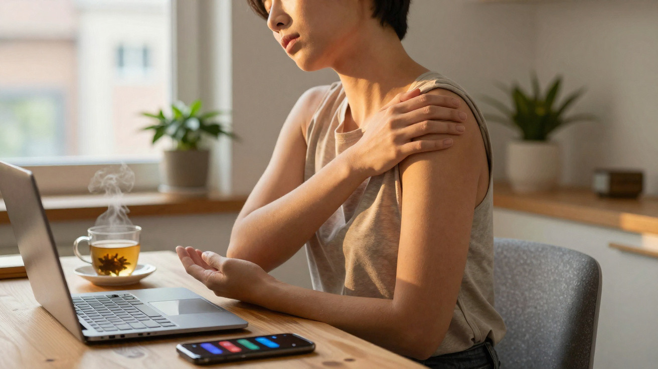 Pessoa sentada ao computador com gesto de dor no ombro, chá quente e telemóvel na mesa.