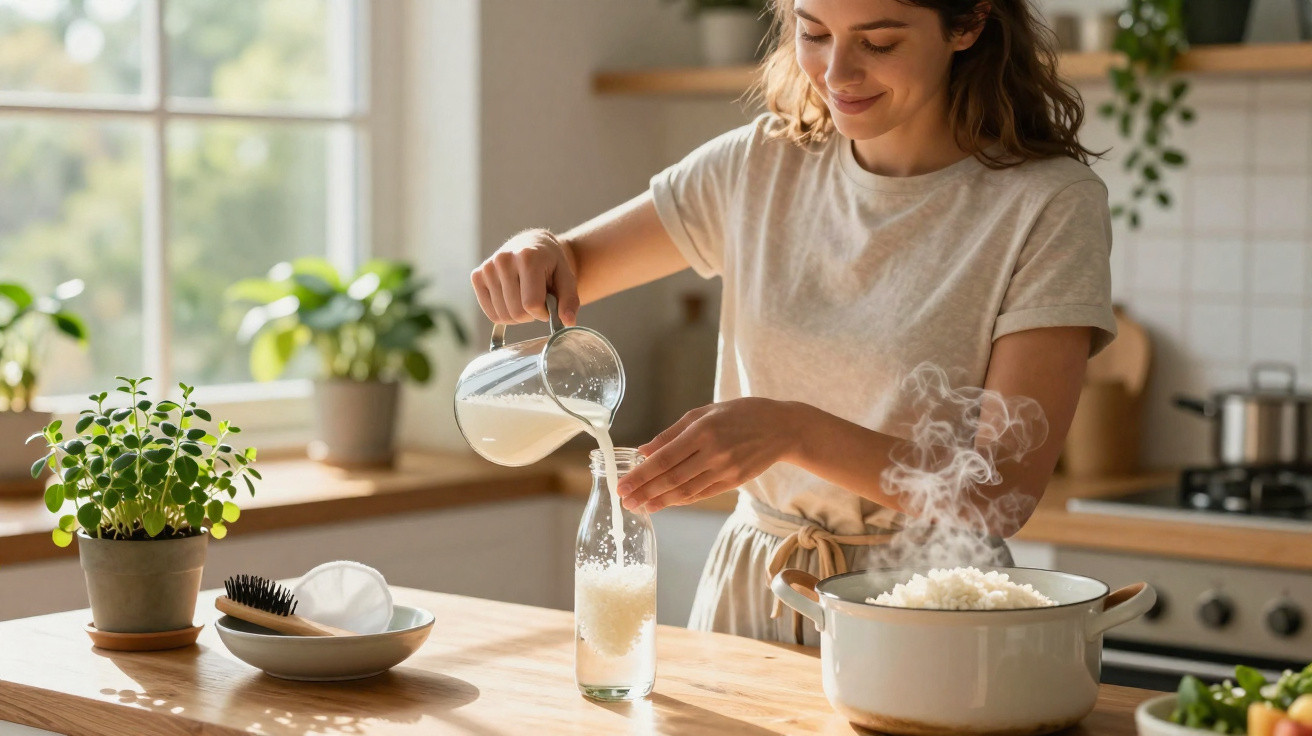 Mulher jovem a verter leite numa garrafa enquanto arroz cozinha num tacho fumegante na cozinha iluminada.