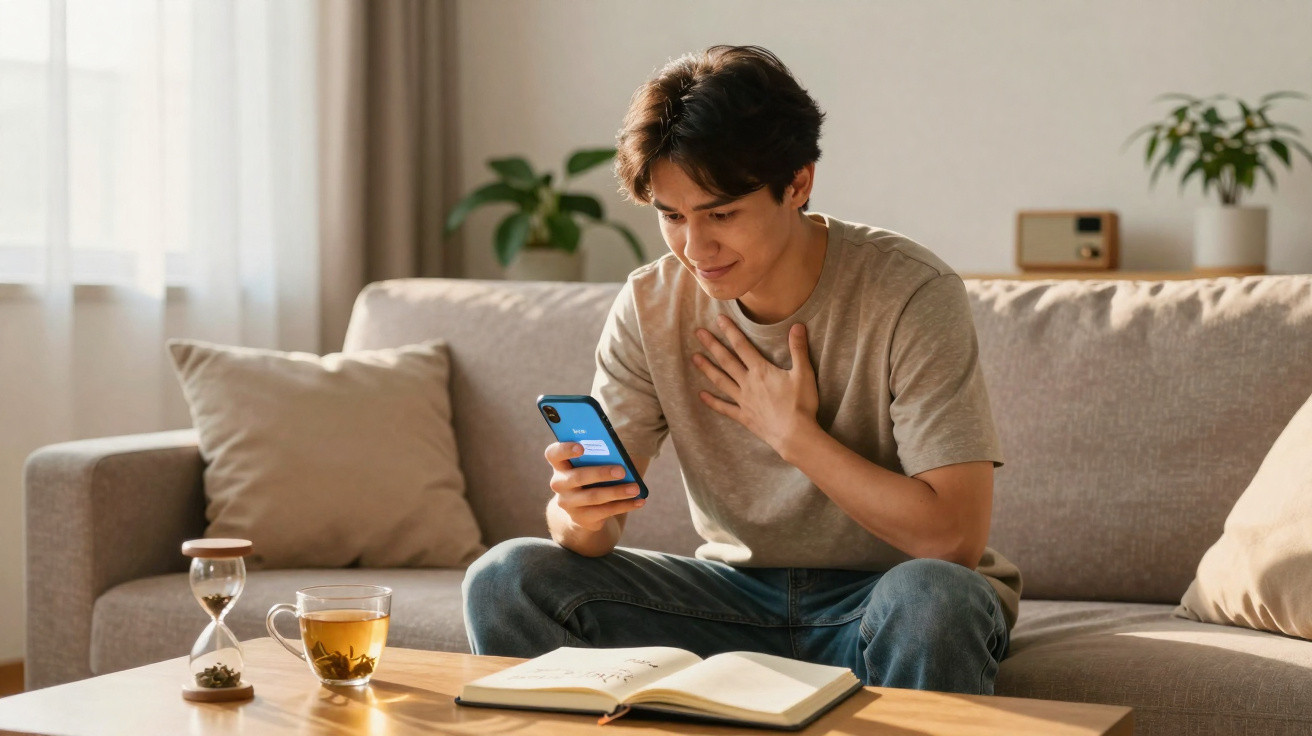 Jovem sentado no sofá sorrindo ao usar o telemóvel com chá, ampulheta e caderno numa mesa à frente.