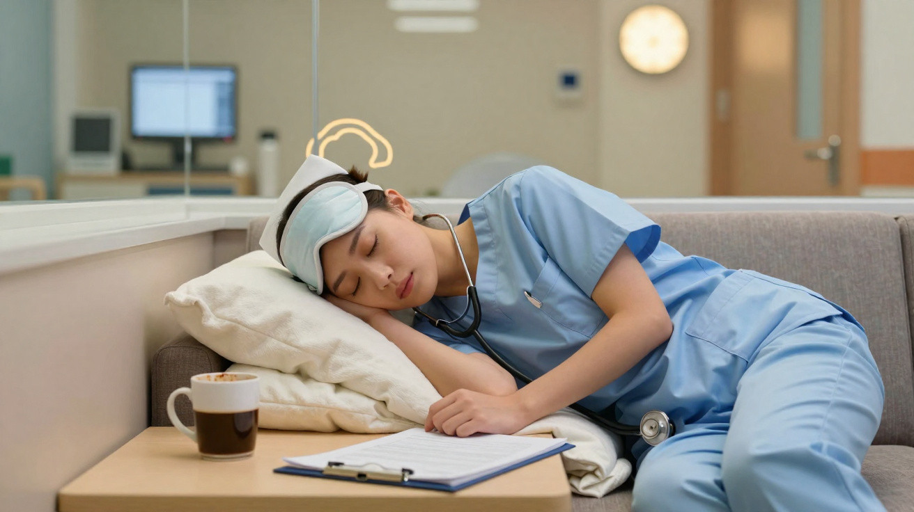 Enfermeira de uniforme azul a dormir no sofá com máscara de olhos, estetoscópio e café numa mesa ao lado.