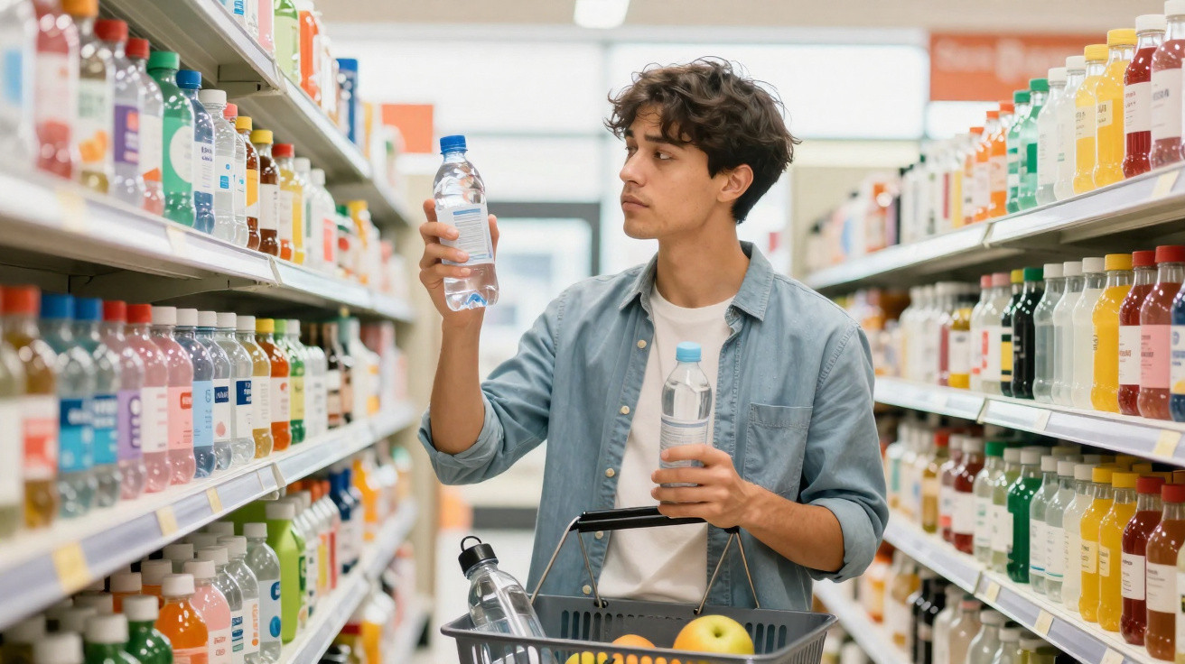 Homem jovem a comparar garrafas de água numa prateleira de supermercado, com cesto de compras na mão.