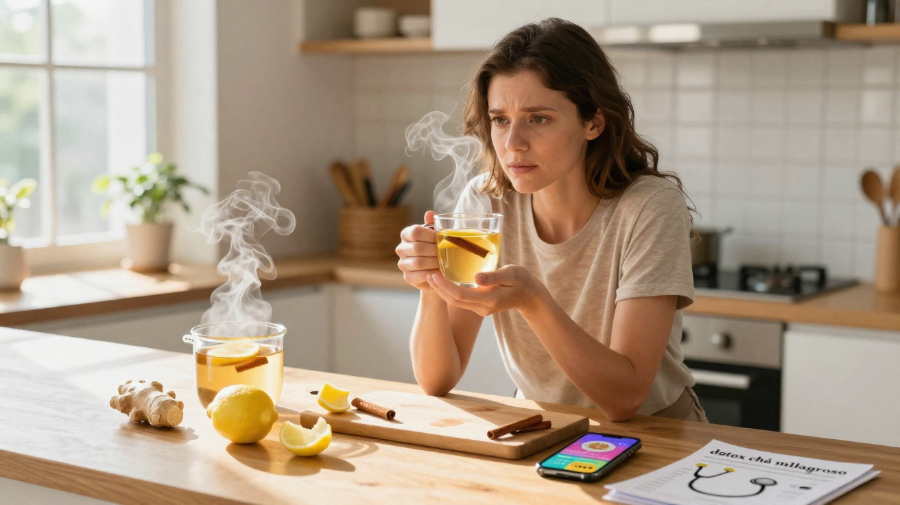 Mulher a segurar chá quente com limão na cozinha, rodeada de ingredientes naturais e telefone na mesa.
