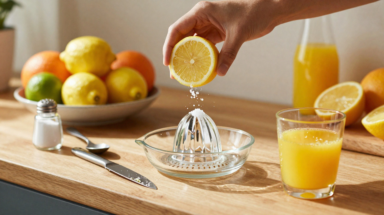 Pessoa a espremer limão num espremedor, com sumo de laranja e frutas na bancada da cozinha.