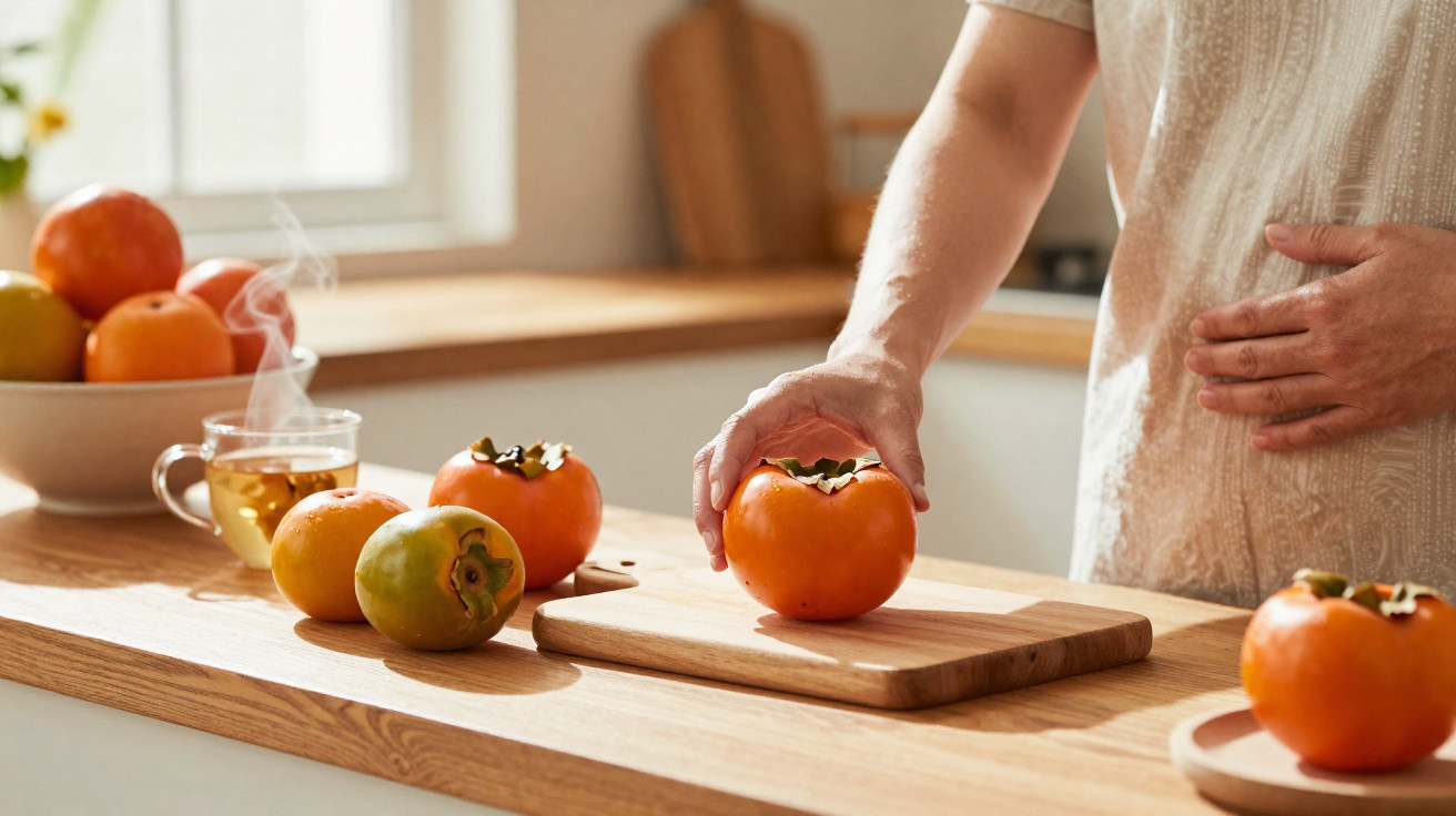 Pessoa a pegar caqui laranja numa cozinha com chá quente e vários caquis em cima da bancada de madeira.