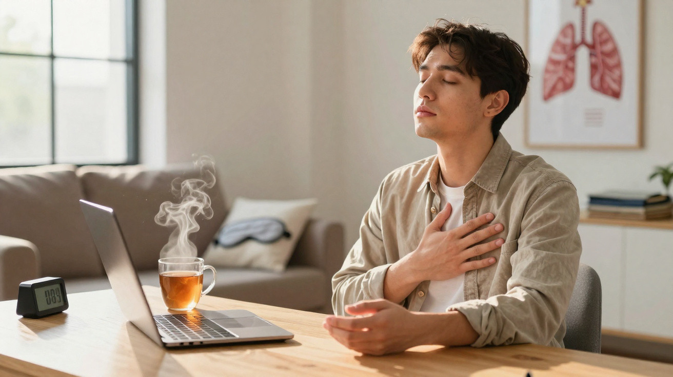 Homem sentado a meditar num escritório com chá quente, computador e relógio numa mesa de madeira.