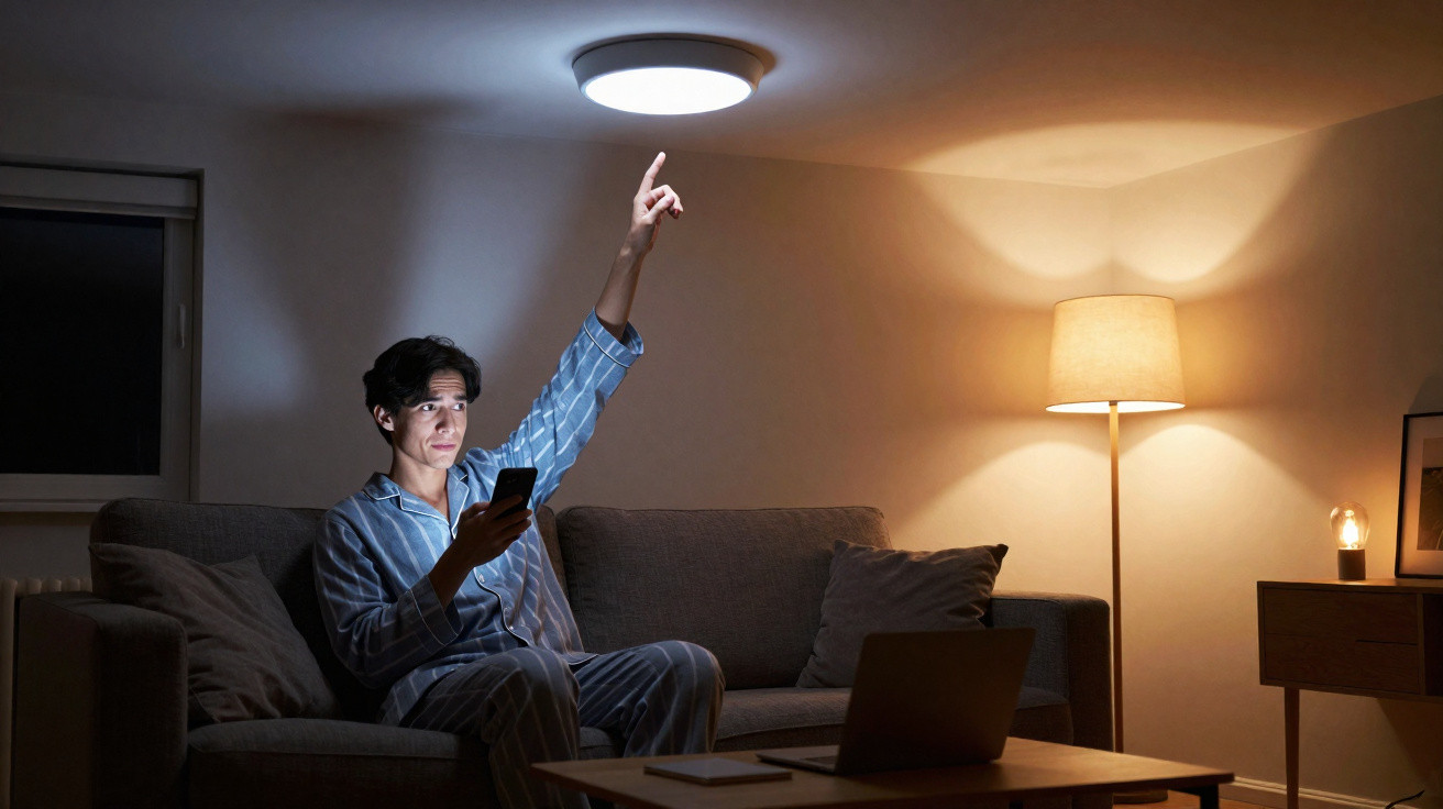 Homem de pijama acende luz no teto enquanto está sentado no sofá numa sala com iluminação ténue.