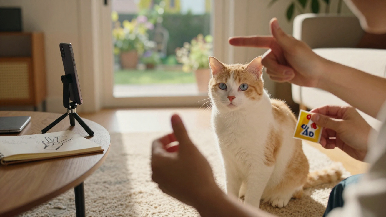 Gato branco e laranja sentado no chão a olhar para uma pessoa que faz sinais com as mãos.