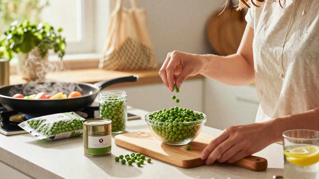 Pessoa a colocar ervilhas num recipiente de vidro numa cozinha iluminada.