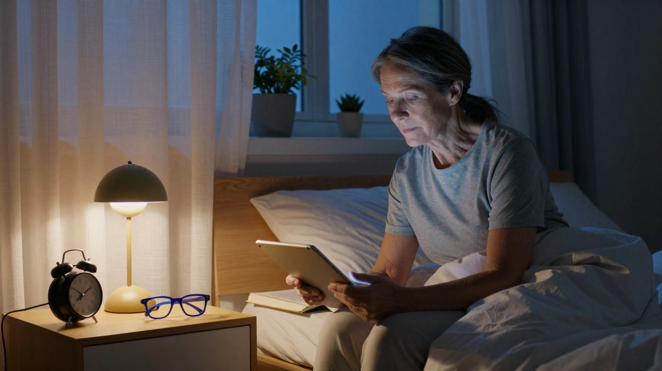 Mulher sentada na cama à noite a ler num tablet, com óculos, relógio e lâmpada numa mesa ao lado.