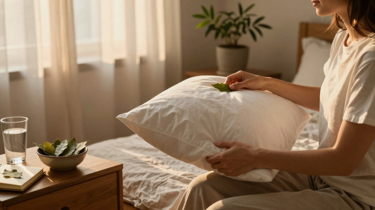 Pessoa a colocar folhas numa almofada branca numa cama em quarto iluminado com luz natural.