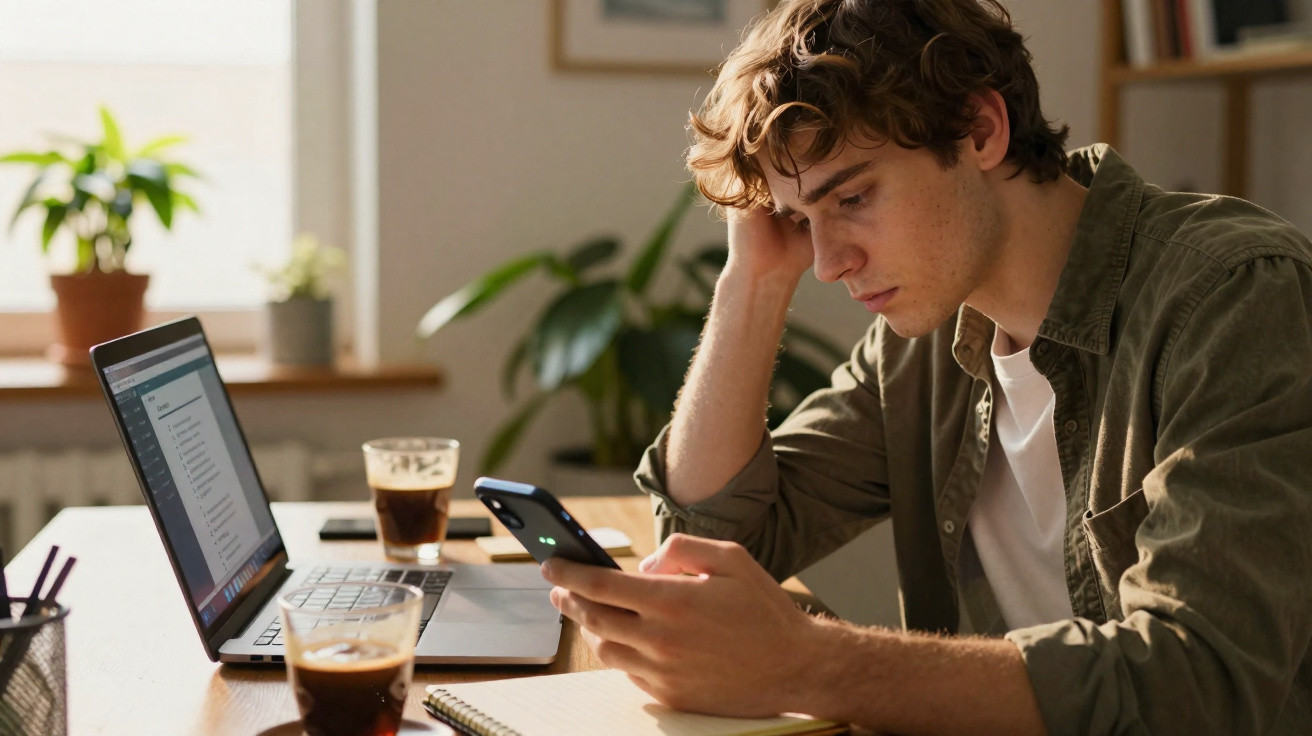 Jovem sentado numa mesa, a usar telemóvel com computador portátil e café à sua frente num ambiente interior.