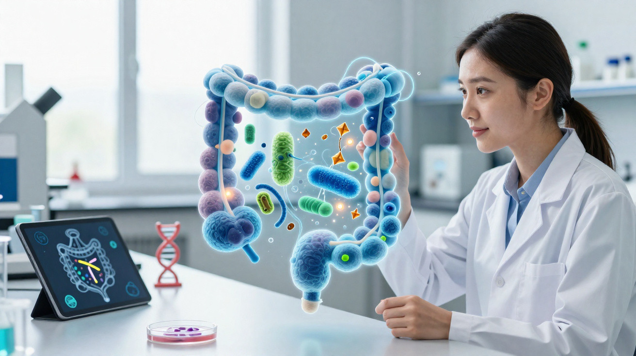 Cientista em laboratório analisa modelo digital do intestino com micro-organismos e bactérias coloridas.