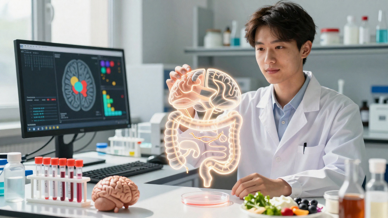 Cientista em laboratório a analisar holograma do cérebro e intestinos com imagem cerebral no ecrã do computador.
