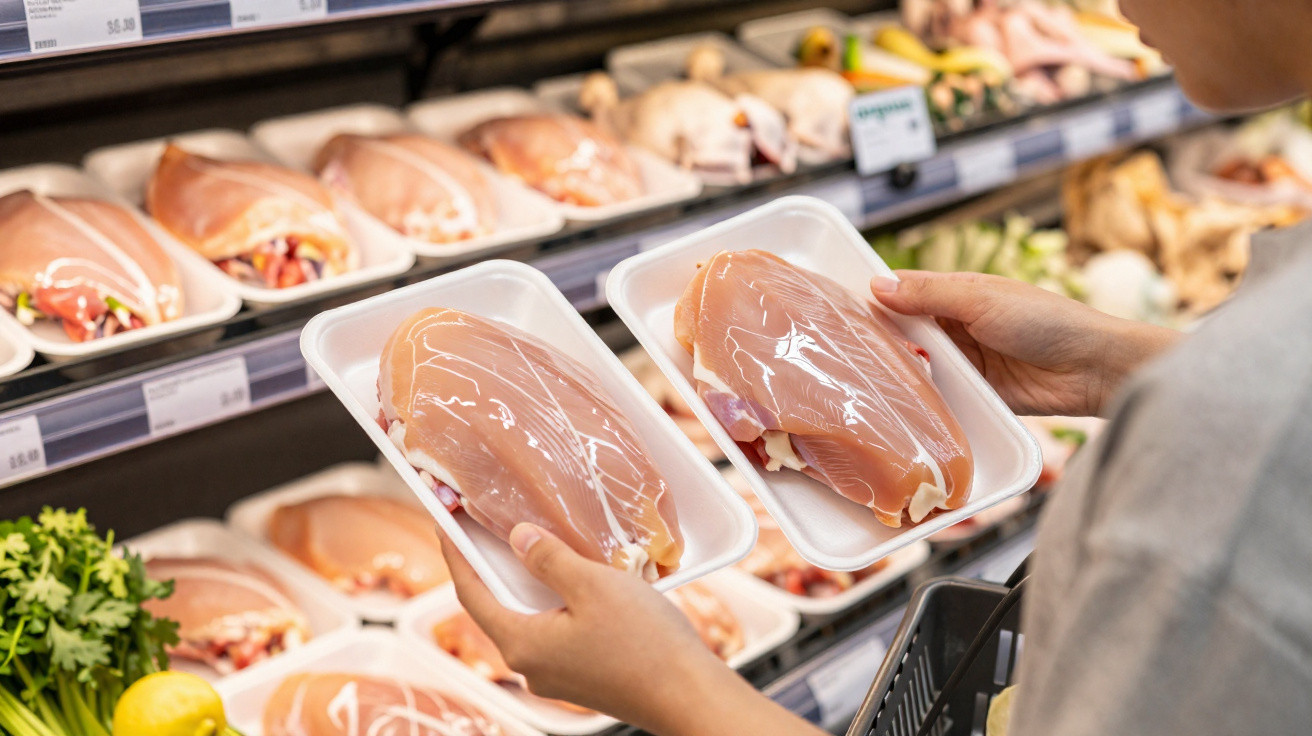 Pessoa a segurar embalagens de peito de frango fresco no supermercado com mais carne de frango ao fundo.