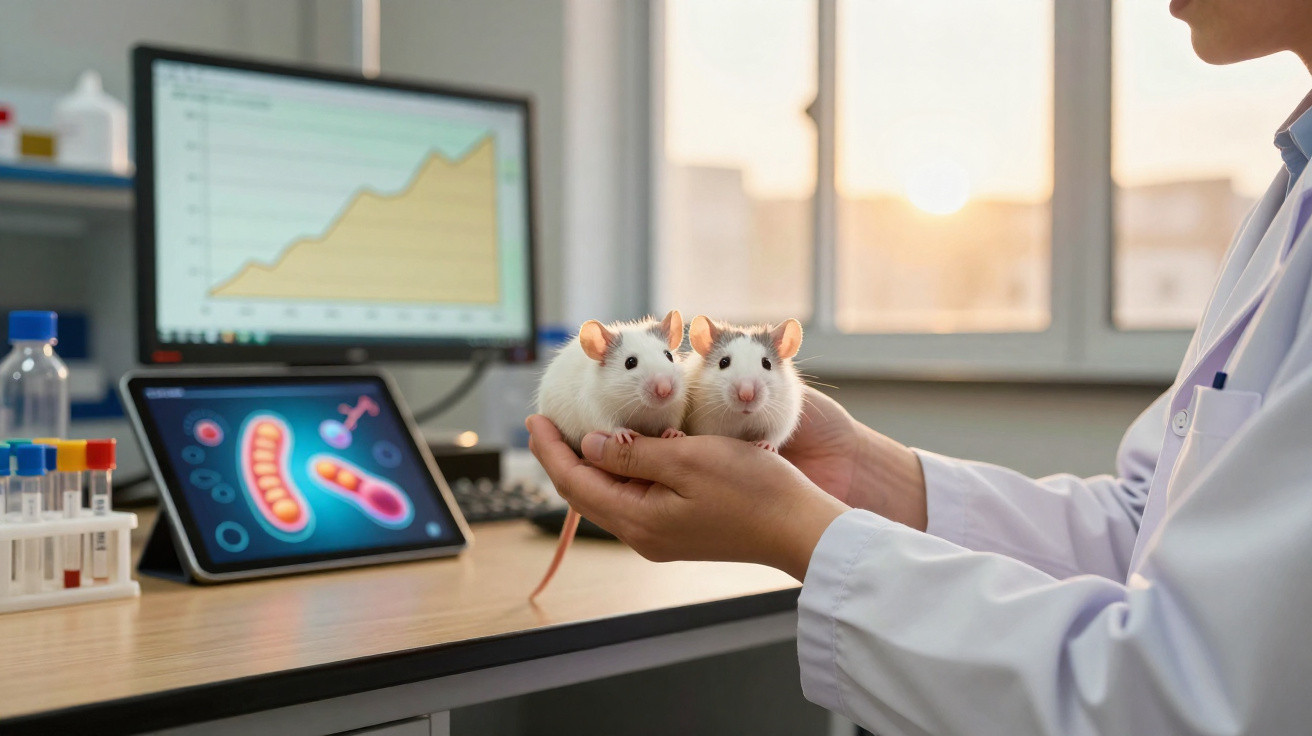 Investigador de laboratório a segurar dois ratos brancos, com gráficos e imagens científicas ao fundo.