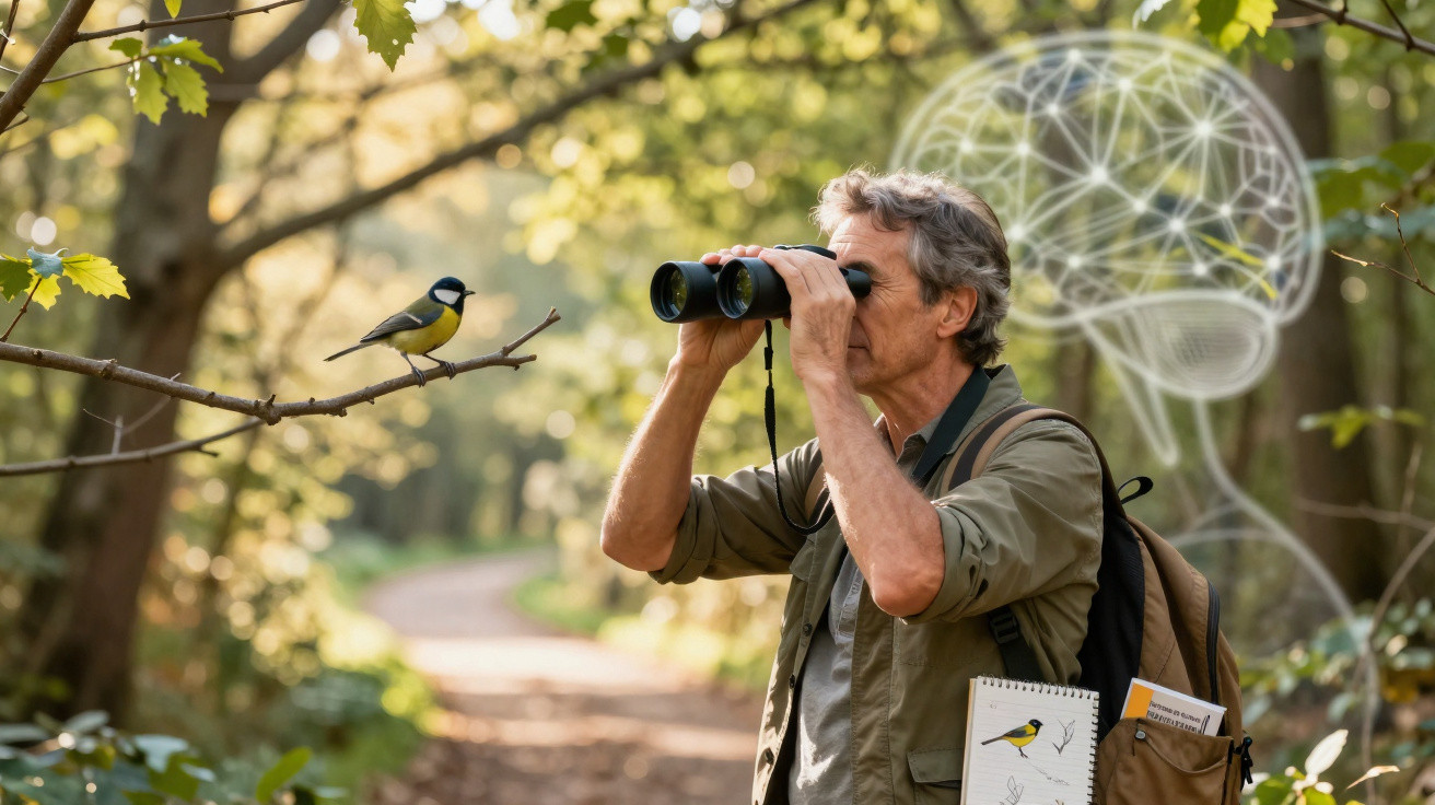 Homem observa um pássaro com binóculos numa floresta, com desenho digital de cérebro ao fundo.