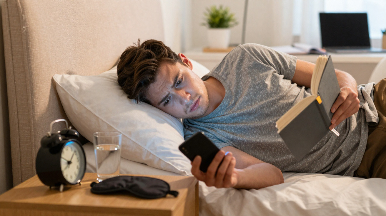 Homem deitado na cama a ler um livro e a olhar preocupado para o telemóvel, com relógio e máscara de dormir na mesa de cabece