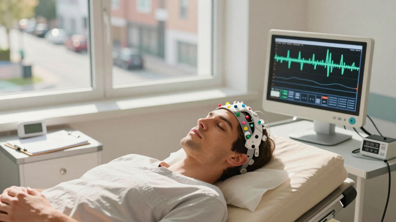 Homem deitado com eletrodos na cabeça a fazer exame de EEG em ambiente clínico.