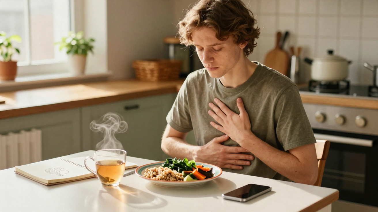 Jovem sentado à mesa segurando o peito, com prato de comida e chá quente à sua frente na cozinha iluminada.
