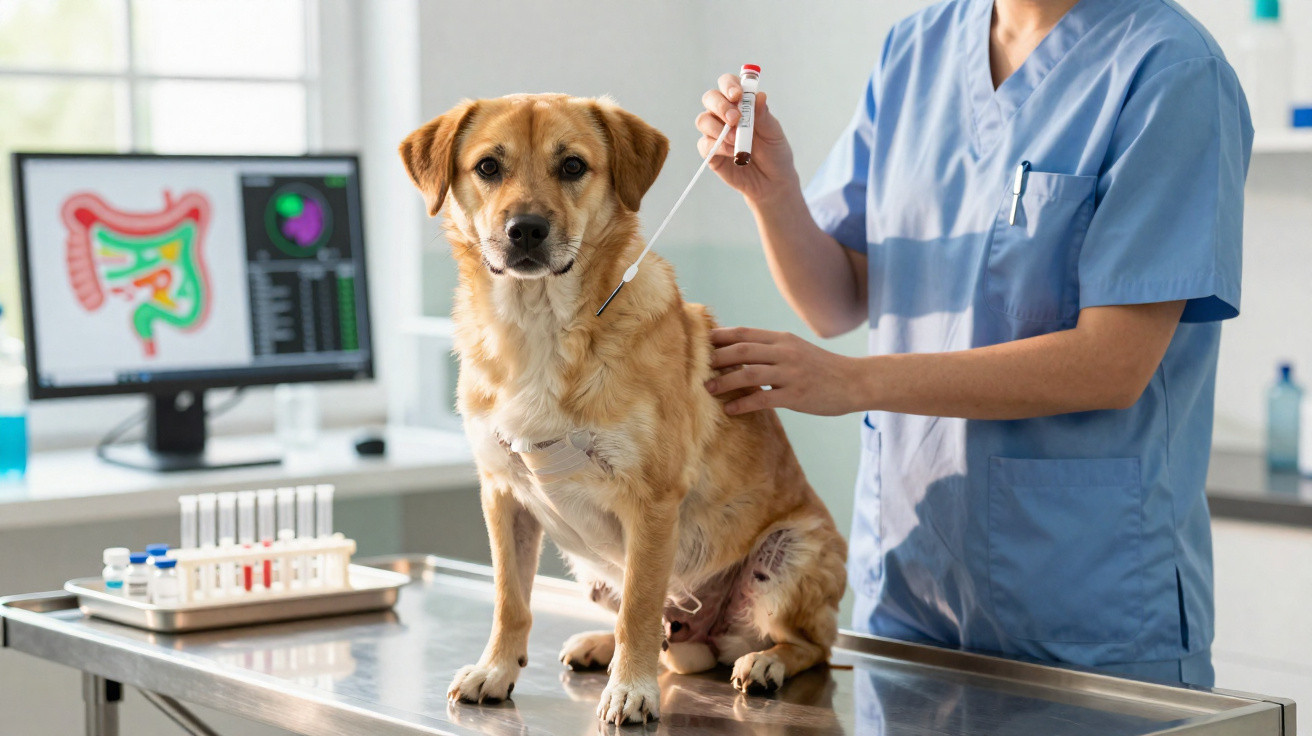 Veterinário a administrar injeção num cão castanho numa clínica com ecrã de diagnóstico ao fundo.