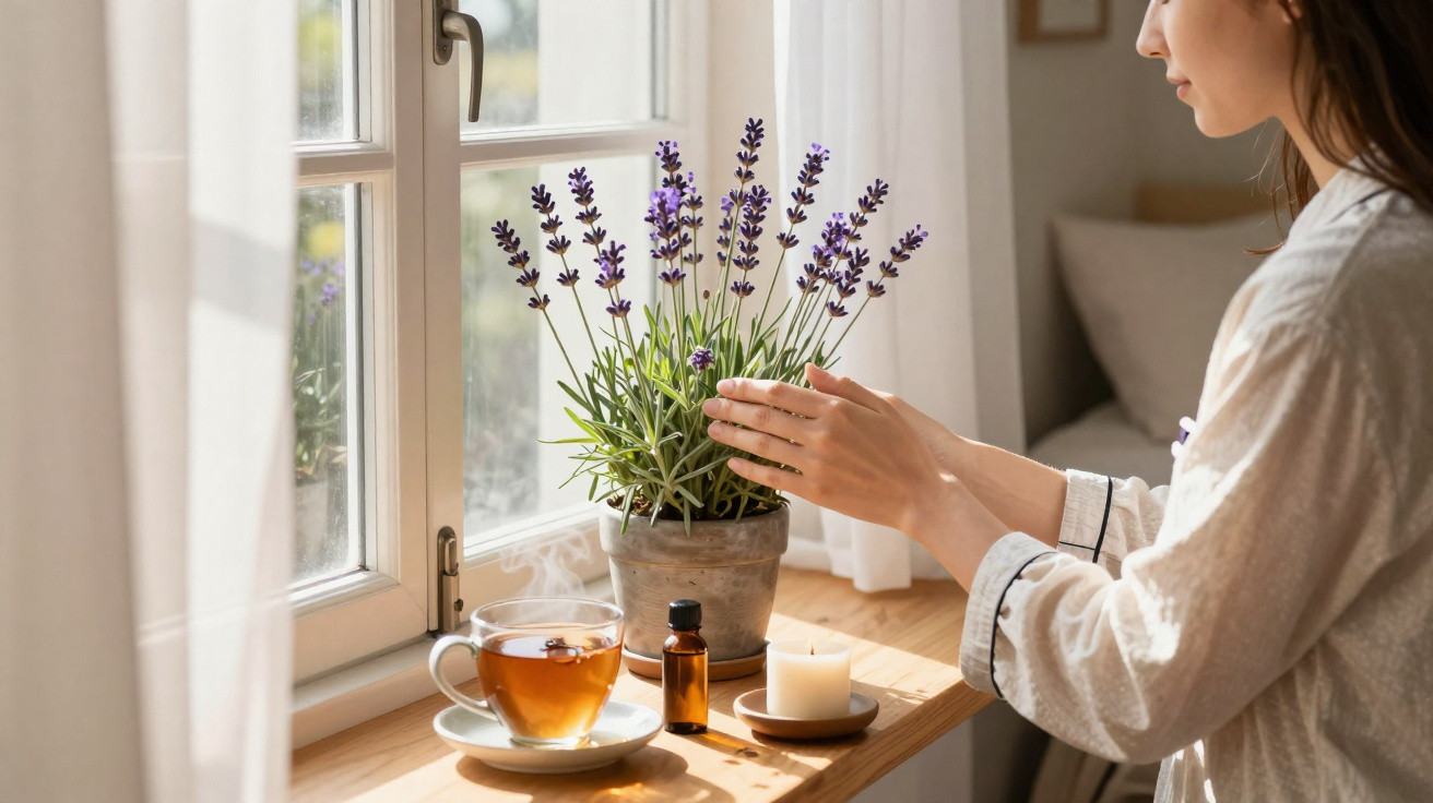 Mulher numa camisola branca a tocar numa planta de lavanda junto a uma chávena de chá, vela e óleo essencial.