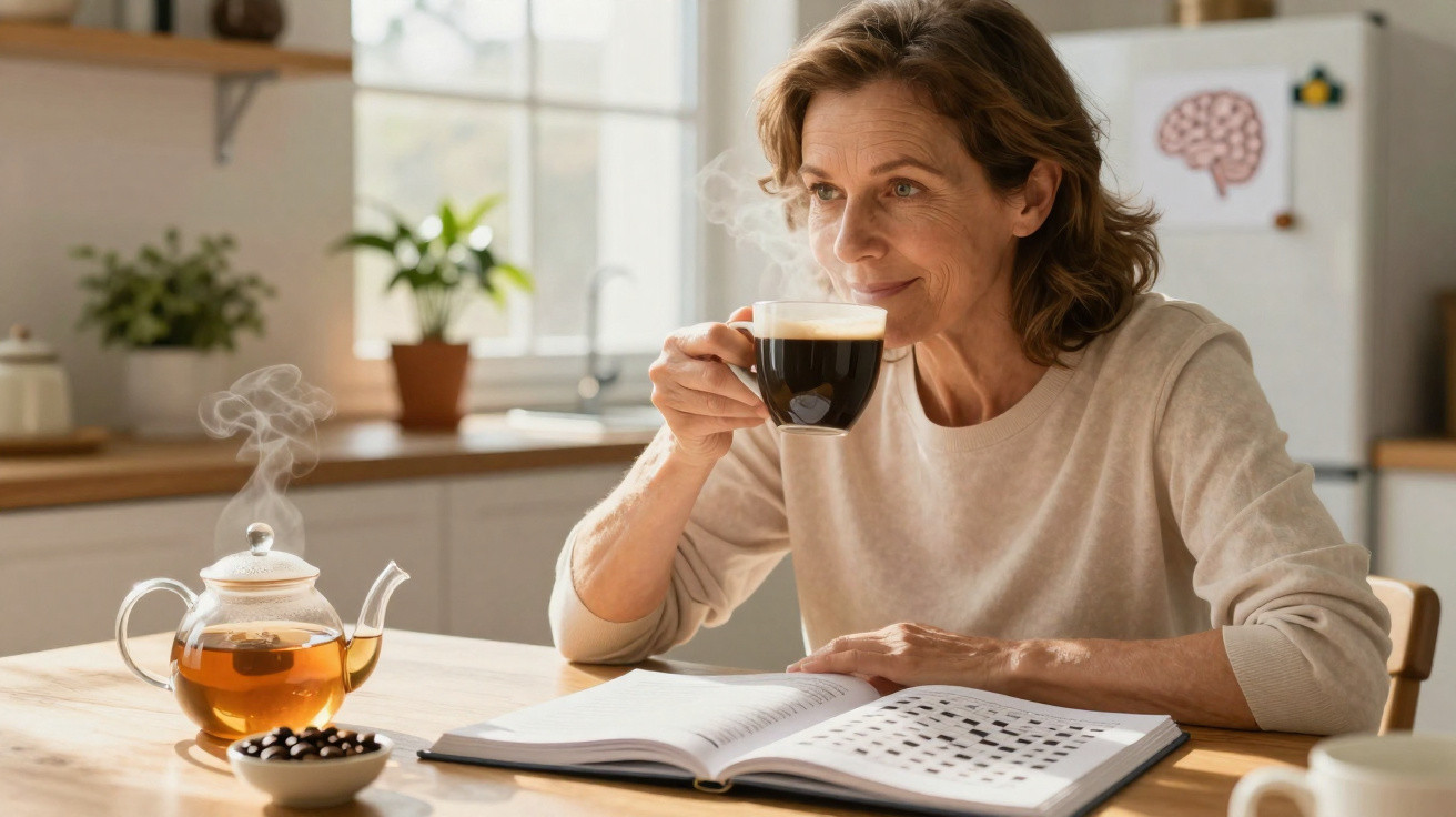 Mulher a beber café e a ler um livro numa cozinha luminosa com jarro de chá e plantas na mesa.