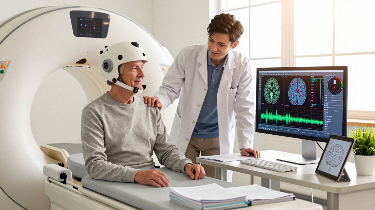 Idoso com capacete de eletroencefalograma acompanhado por médico junto a máquina de ressonância magnética.