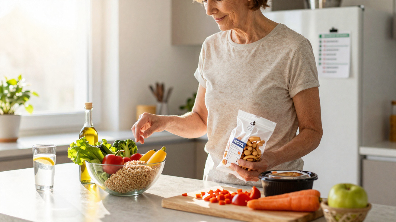 Mulher madura na cozinha, preparada para cozinhar com legumes frescos e uma tigela de cereais.