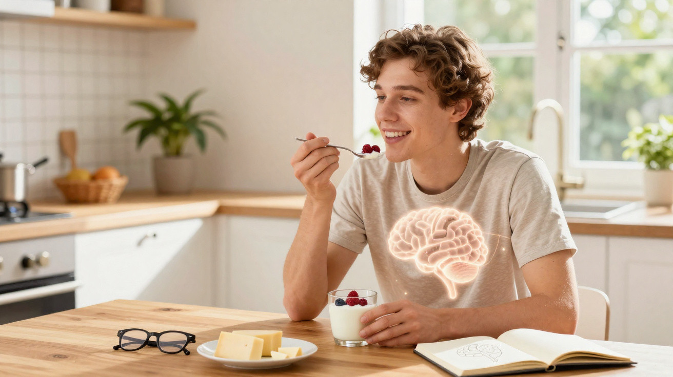Jovem a comer frutos vermelhos com iogurte numa cozinha iluminada, com ilustração brilhante de cérebro.