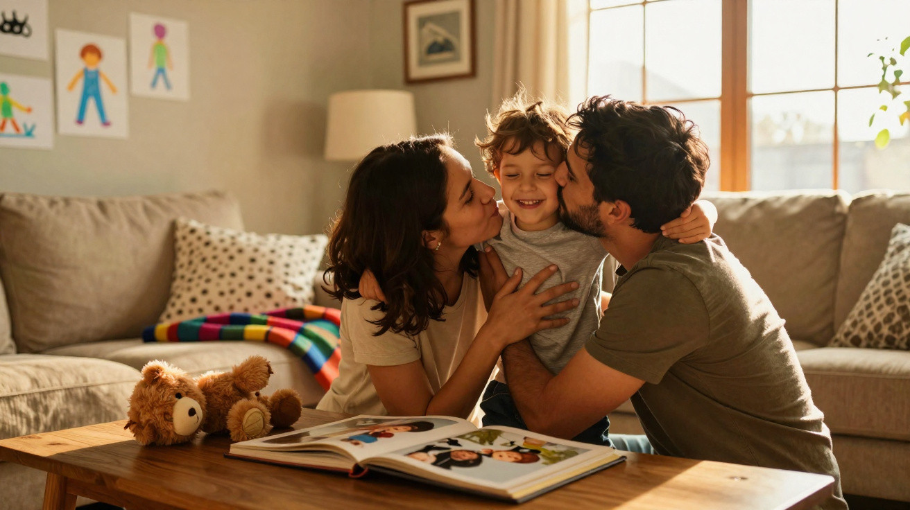 Criança sorridente a ser beijada pelos pais num ambiente familiar acolhedor com livros e brinquedos na mesa.