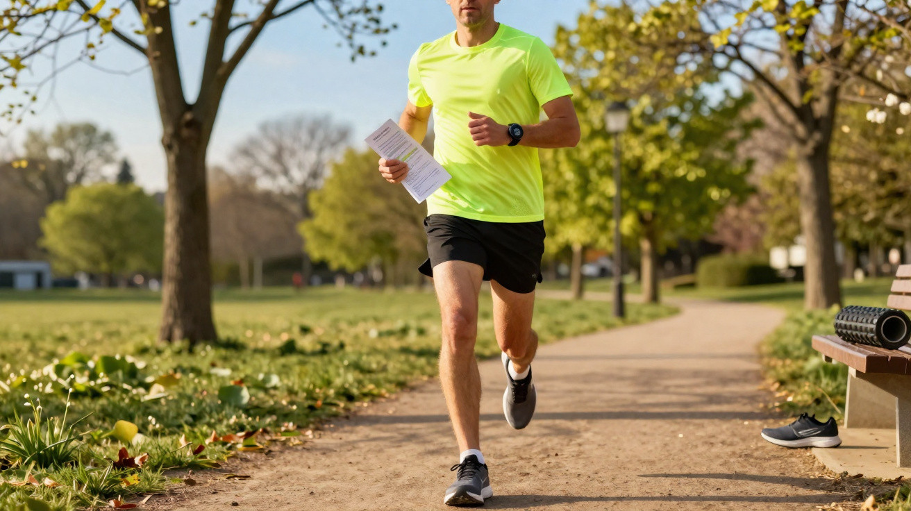Homem a correr num parque com t-shirt verde neón e calções pretos, segurando papéis na mão.