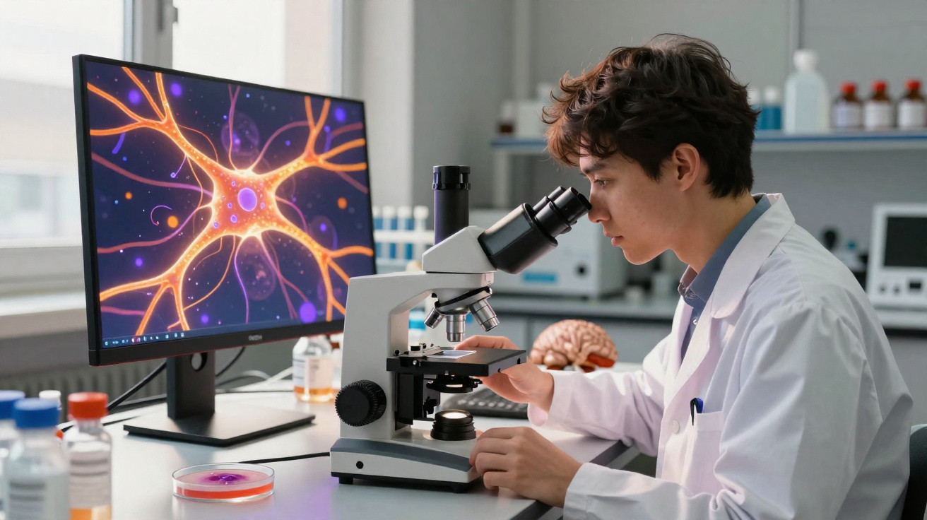 Cientista jovem a observar amostra no microscópio com imagem de neurónio visível no ecrã do computador.