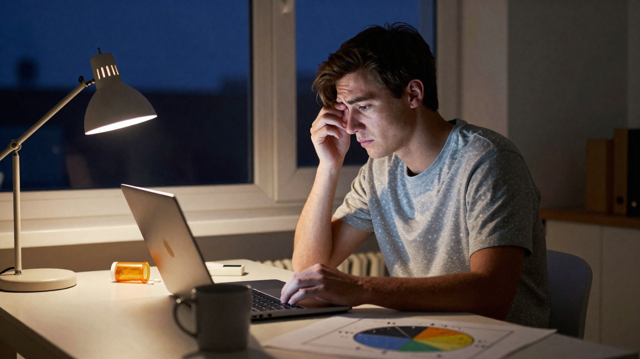 Homem preocupado a trabalhar num computador portátil numa mesa com gráficos e luz de candeeiro à noite.