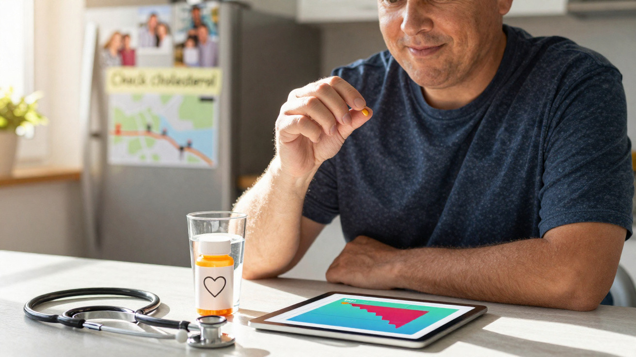 Homem a tomar um comprimido, com um frasco, copo de água, estetoscópio e tablet na mesa iluminada.