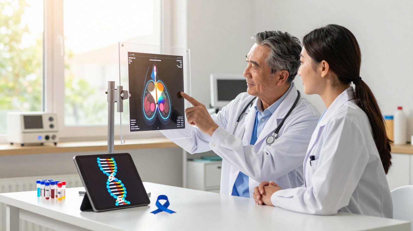Dois médicos a analisar uma imagem digital de um órgão humano num ecrã transparente num consultório.