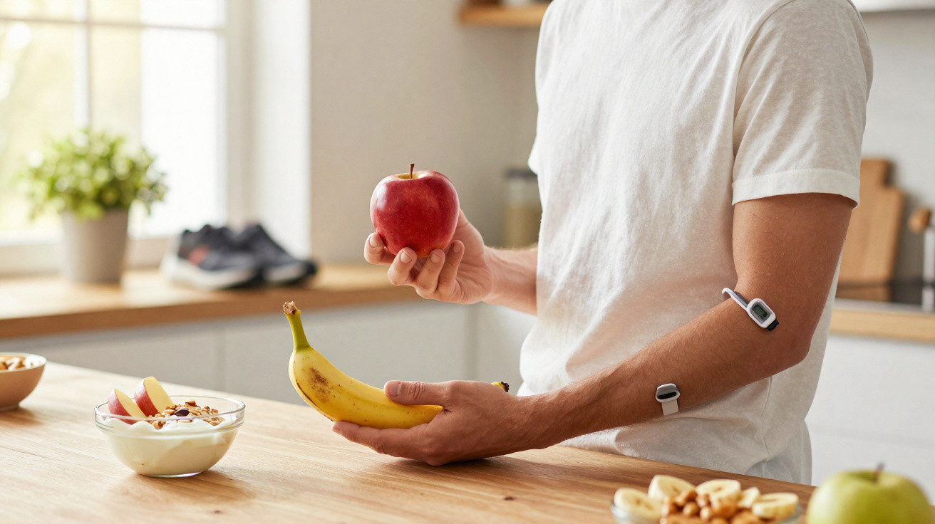 Pessoa com monitor de glicose na pele segura uma maçã e uma banana numa cozinha moderna.