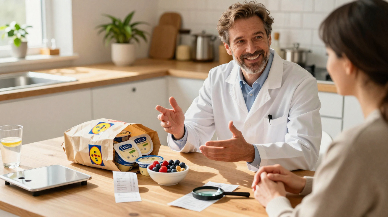 Nutricionista a aconselhar mulher sobre dieta saudável com frutas e iogurtes numa cozinha iluminada.