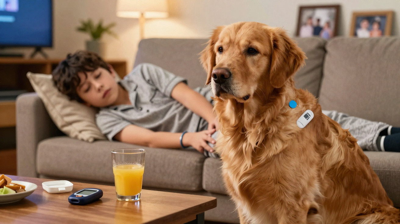 Cão dourado com dispositivo de monitorização de saúde junto a criança deitada no sofá numa sala de estar acolhedora.