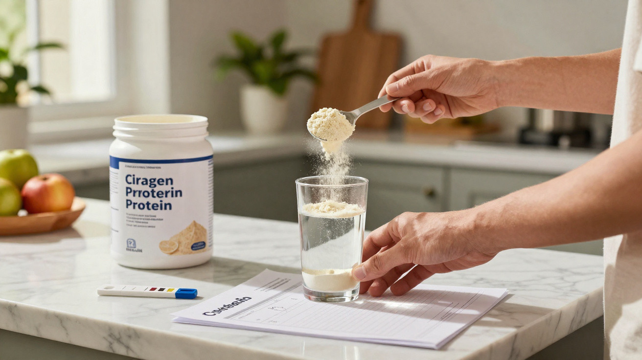 Pessoa a colocar suplemento proteico em pó num copo com água numa cozinha moderna.