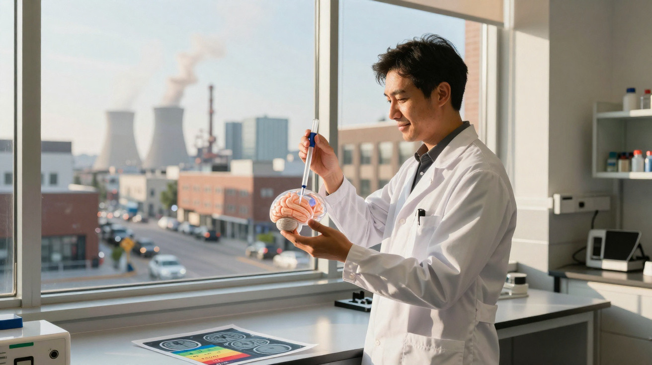 Cientista em laboratório segura modelo de cérebro e usa pipeta com cenário urbano e fábricas ao fundo.