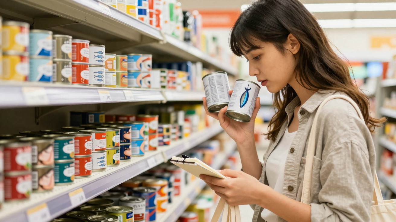 Mulher a comparar latas de conserva na mão enquanto consulta listas num supermercado.