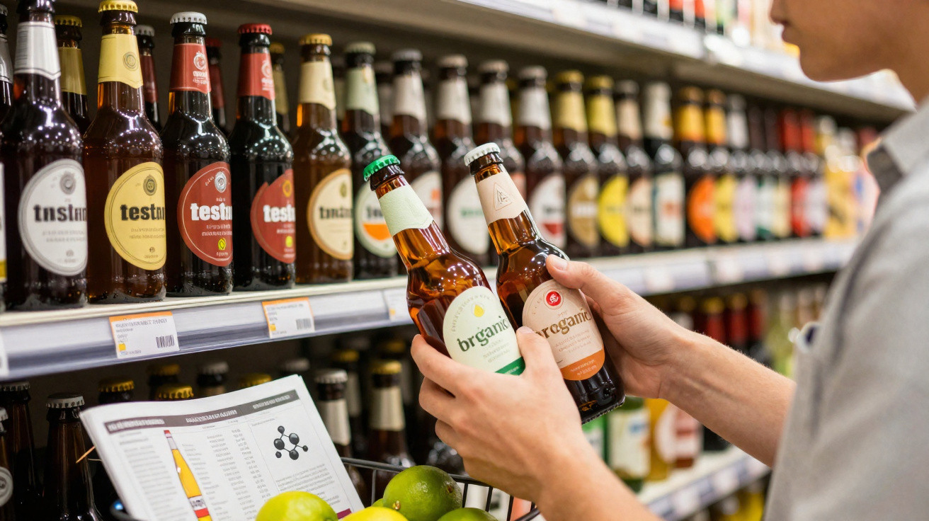 Pessoa a segurar duas garrafas de cerveja artesanal orgânica em supermercado com prateleiras cheias ao fundo.