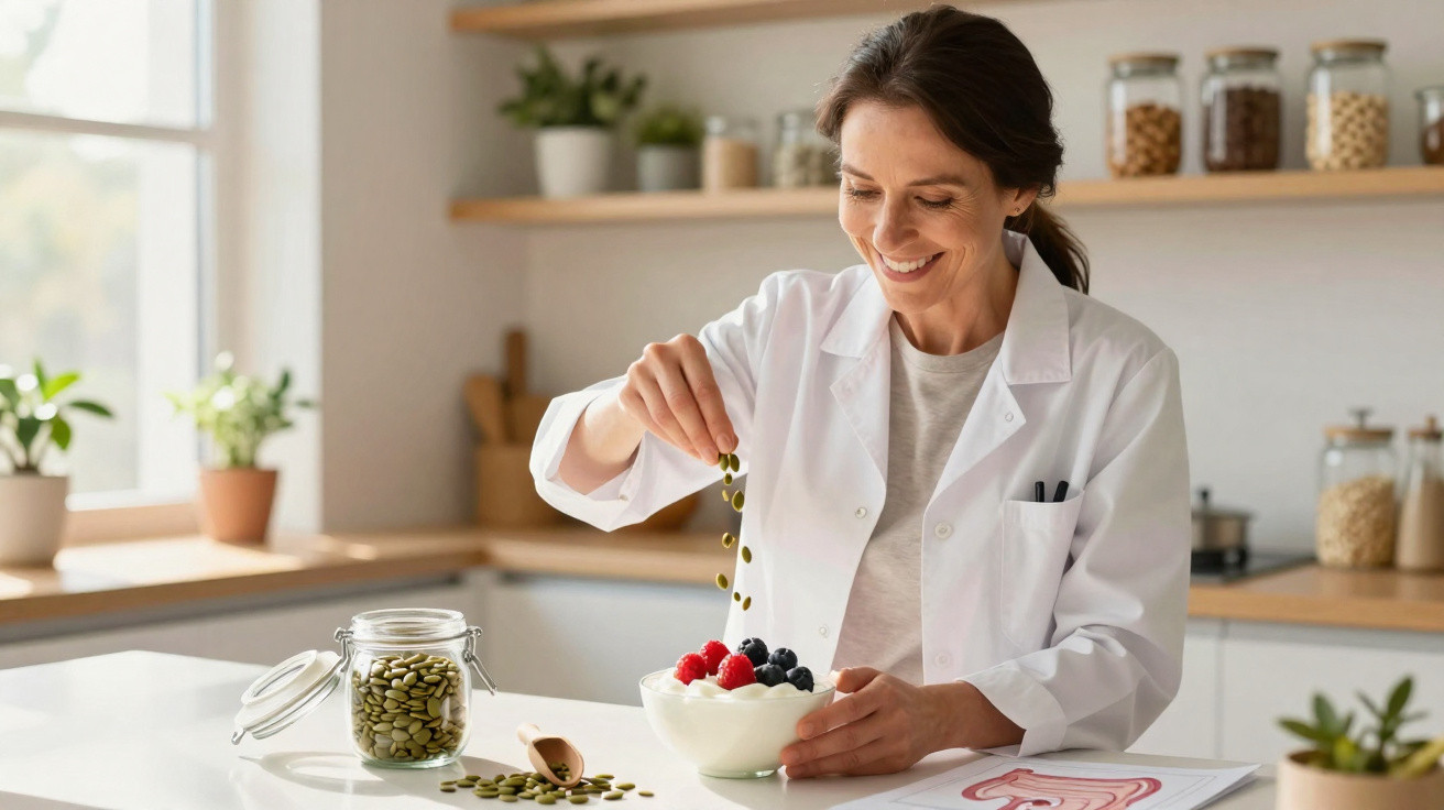 Mulher sorridente a polvilhar sementes numa taça de iogurte com frutas numa cozinha luminosa.