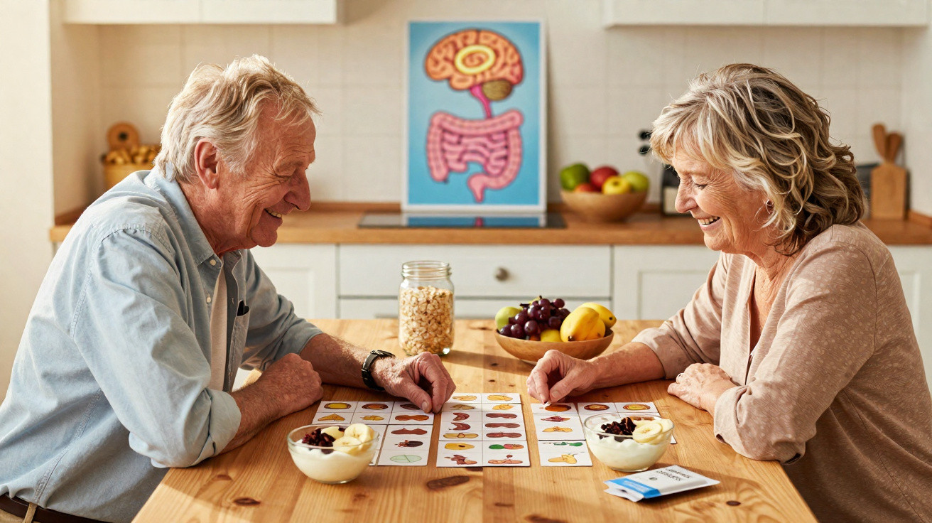 Casal idoso a jogar jogo de cartas sobre nutrição na cozinha com frutas e cereais na mesa.