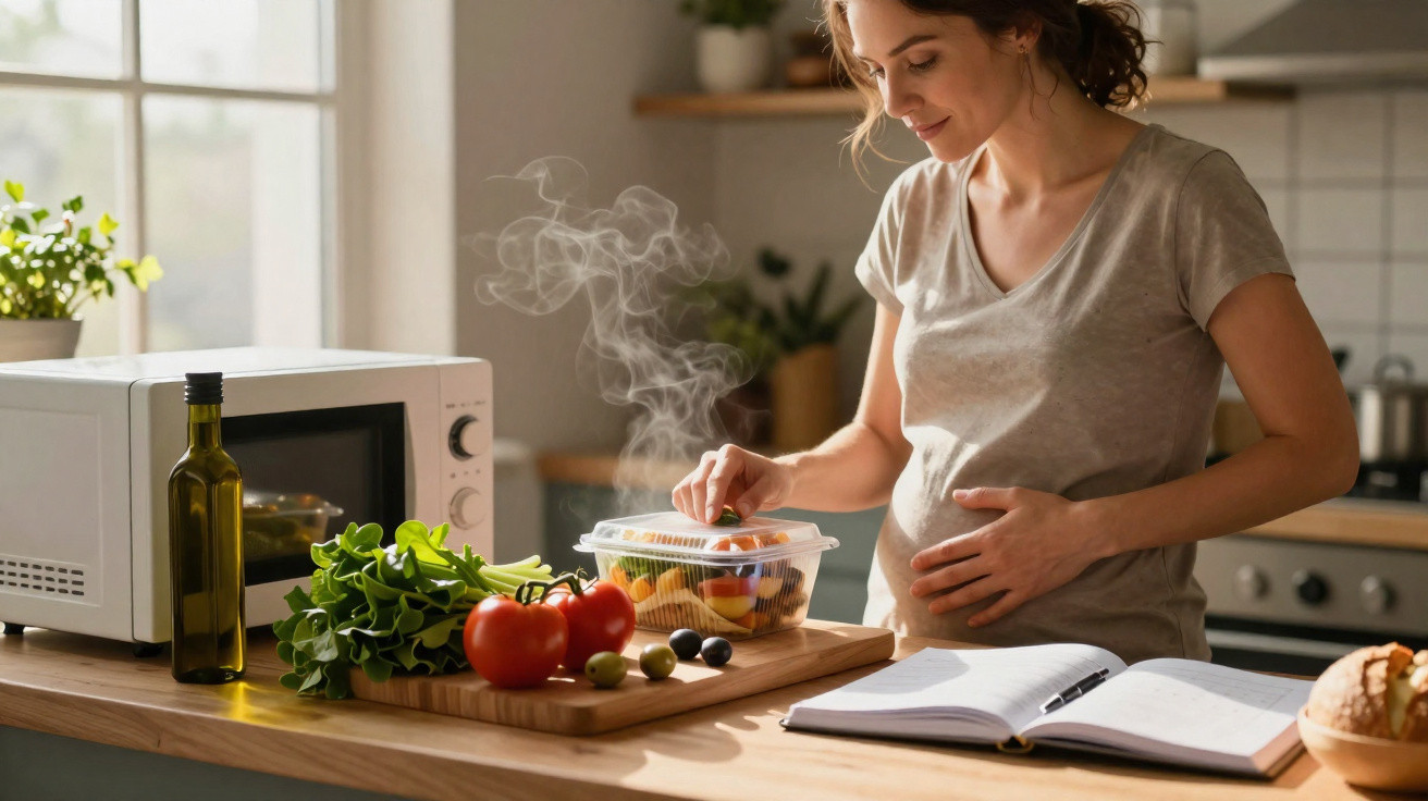 Mulher grávida na cozinha a preparar refeição saudável com legumes frescos e caderno de receitas.