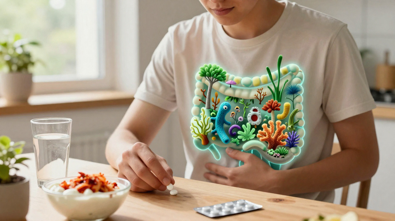 Pessoa segurando comprimido com ilustração do intestino e microbiota sobreposta.