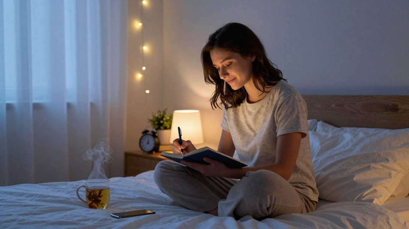 Mulher sentada na cama à noite a escrever num caderno, com chá e telemóvel na cama.